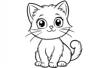 Fototapeta premium Simple cat drawing with round eyes and curled tail for easy coloring