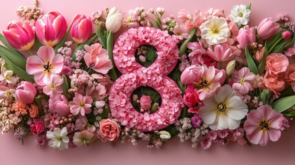 A stylish arrangement of tulips and spring flowers surrounding the number eight on a soft background