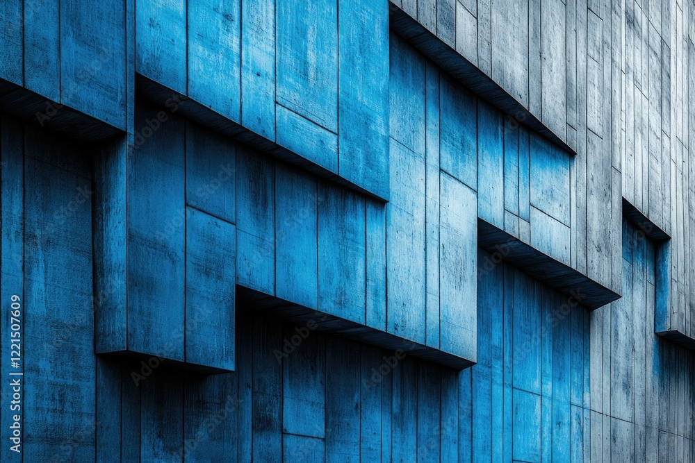 Aufkleber abstract geometric blue concrete wall with overlapping rectangular panels creating a modern architec