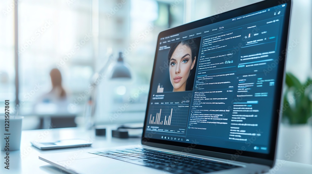 Poster a close-up of a modern laptop displaying advanced facial recognition software, showcasing data analy