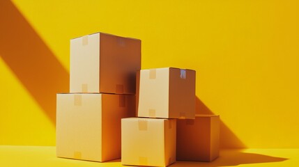 Obraz premium Stack of Cardboard Boxes on a Yellow Background