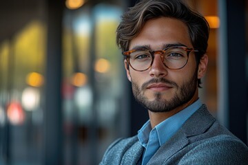 Obraz premium A professional man wearing glasses and a suit stands outside a modern building, perfect for corporate or business use