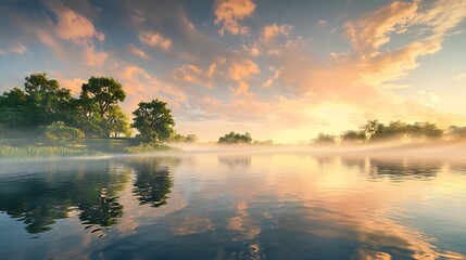 Fototapeta premium Lake at sunrise with fog, peaceful nature scene