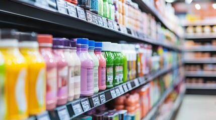 Supermarket Aisle Filled with Vibrantly Colored Beverage Bottles