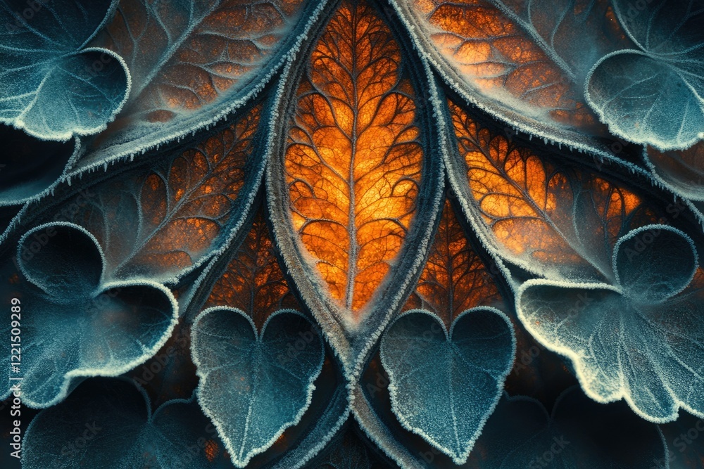 Poster frost-covered leaves create a mesmerizing pattern, showcasing intricate textures and contrasting col