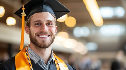 A joyful graduate wearing a cap and gown, smiling confidently in a festive environment. The image captures the essence of achievement and celebration of academic success.