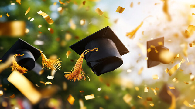 Dynamic Graduation Celebration Black Caps and Golden Confetti Tossed in Air
