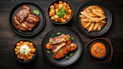 An alluring assortment of mouth-watering dishes served on elegant black plates