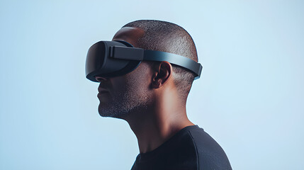 A man with a caramel skin tone is wearing a VR headset. He is 45 years old, has a buzz cut, and is contemplating deeply.