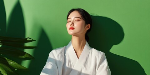 A Korean woman relaxes with her eyes closed highlighting her radiant skin. The clean and fresh setting emphasizes her beauty routine surrounded by soft green tones and natural elements