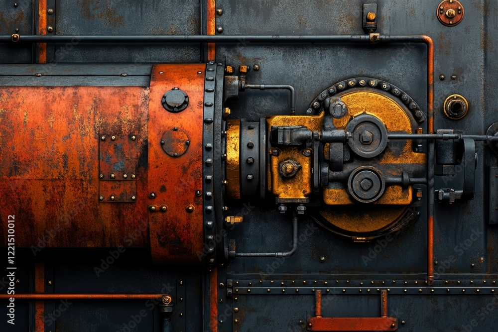 Poster rusty steampunk-style metallic panel with intricate gears, pipes, and rivets.