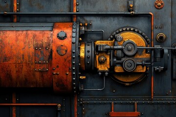 Rusty steampunk-style metallic panel with intricate gears, pipes, and rivets.