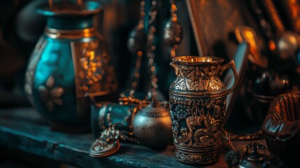 Vintage Bottles and Ornaments with Warm Tones