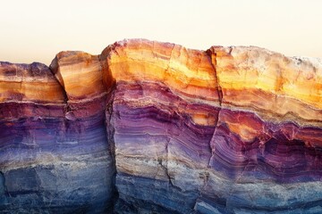 Vibrant layered rock formation showcasing a spectrum of orange, purple, and blue hues.