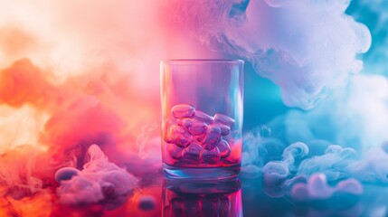 Pill Glass in a Dreamlike Pink and Blue Cloudscape