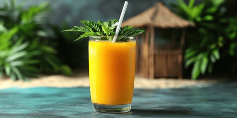 Refreshing Tropical Orange Juice on Beachfront with Straw and Exotic Greenery in Background â€“ Perfect Summer Vibes, Island Getaway, Tropical Drink