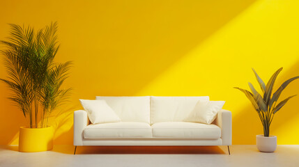 Fototapeta premium 3D render of a simple room interior with yellow color accents, featuring a white leather sofa and modern presentation style