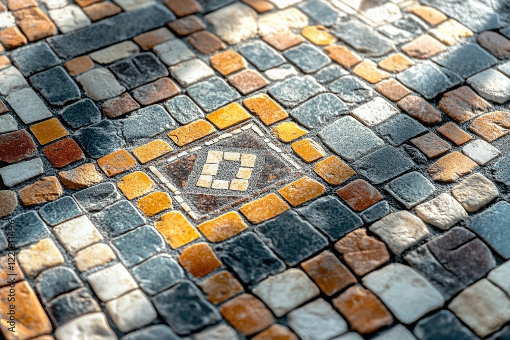 Poster a close-up of a mosaic tile floor with various colors and a central design.