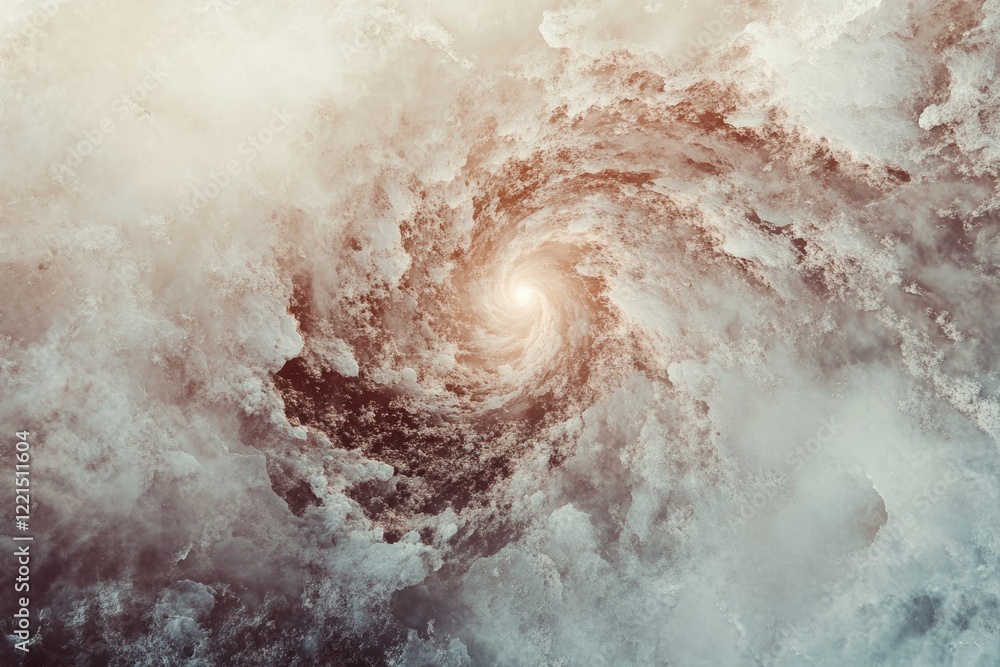 Poster abstract swirling vortex of clouds and smoke, creating a cosmic tunnel effect with a bright light at