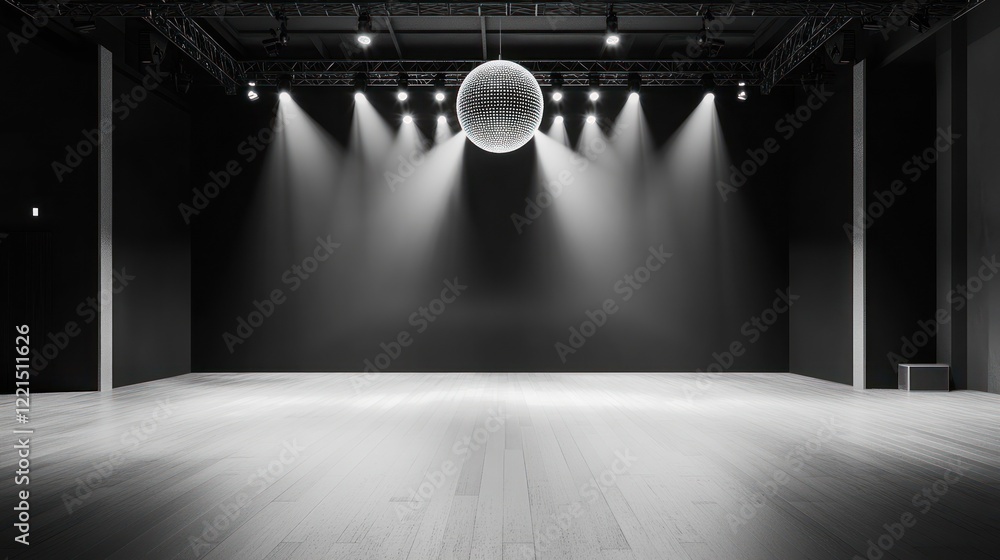 Poster an empty stage mock up features a large disco ball prominently positioned above. soft lighting illum