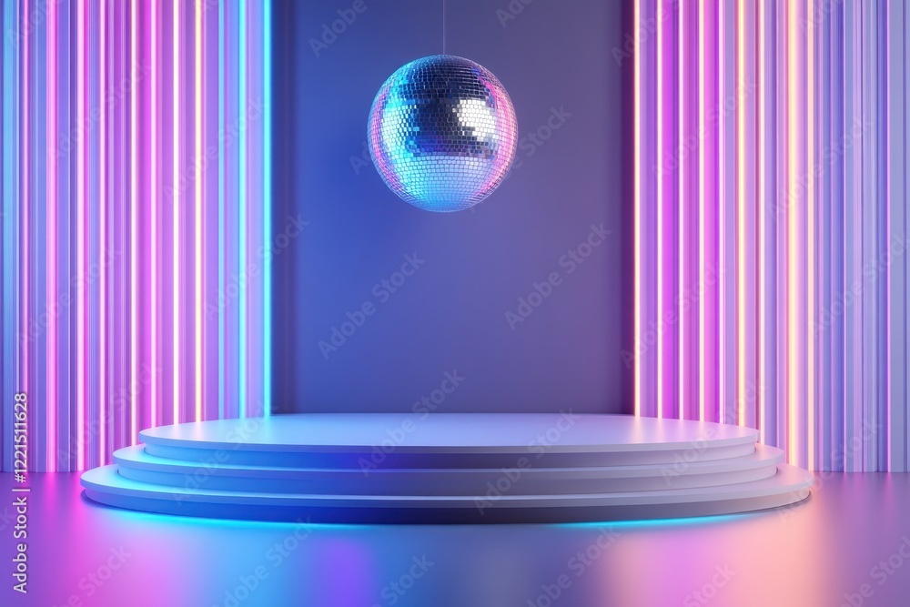 Poster an empty stage setup showcases a striking large disco ball hanging from above surrounded by colorful