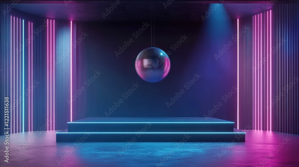 Poster an empty stage mock up features a large disco ball hanging from above with colorful lights casting v