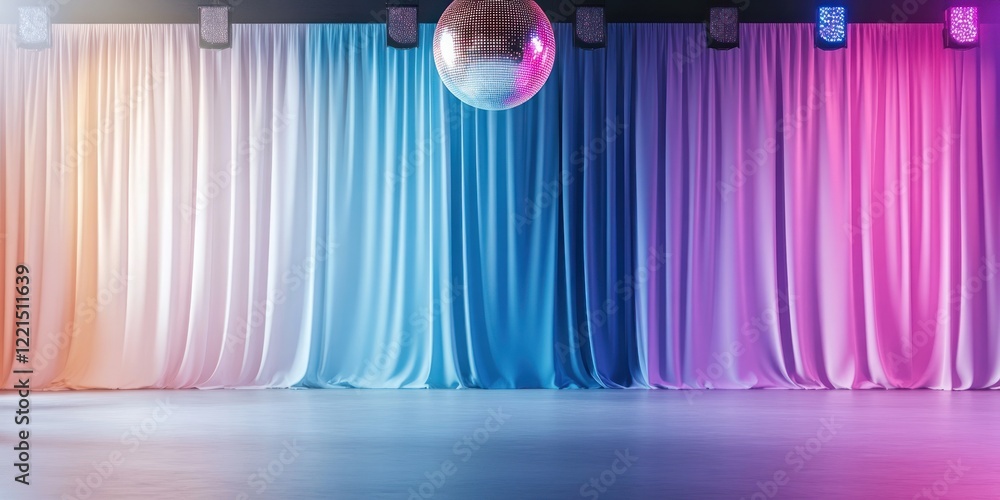 Poster stage mock up is set up with vibrant colored lights illuminating the area. a large disco ball hangs 