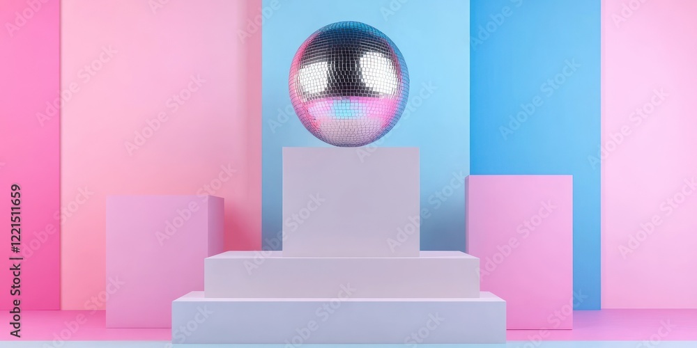 Poster a spacious mock up stage is presented with a vibrant backdrop of pastel pink and blue colors. a larg