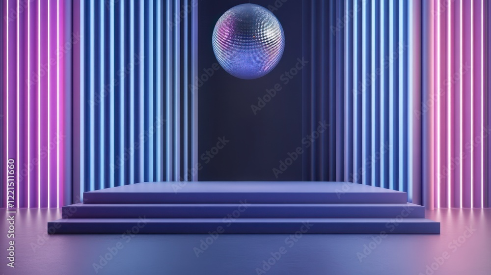 Aufkleber an empty stage setup showcases a large reflective disco ball suspended above it. colorful lights ill
