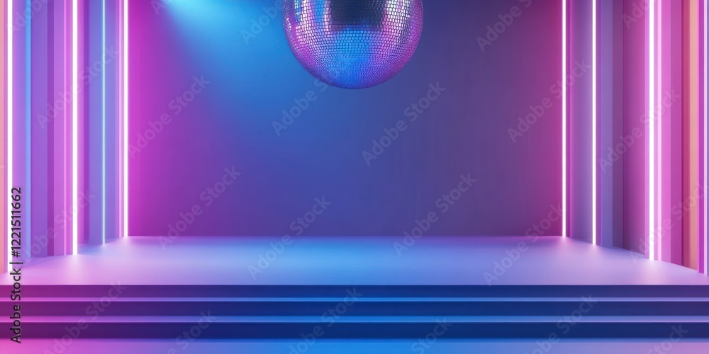Poster an empty stage mock up is adorned with a large disco ball reflecting colorful lights. the setup is e