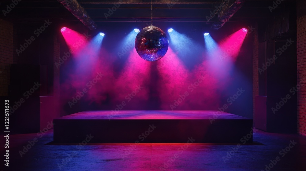 Poster brightly colored lights illuminate an empty stage featuring a large disco ball overhead creating a v