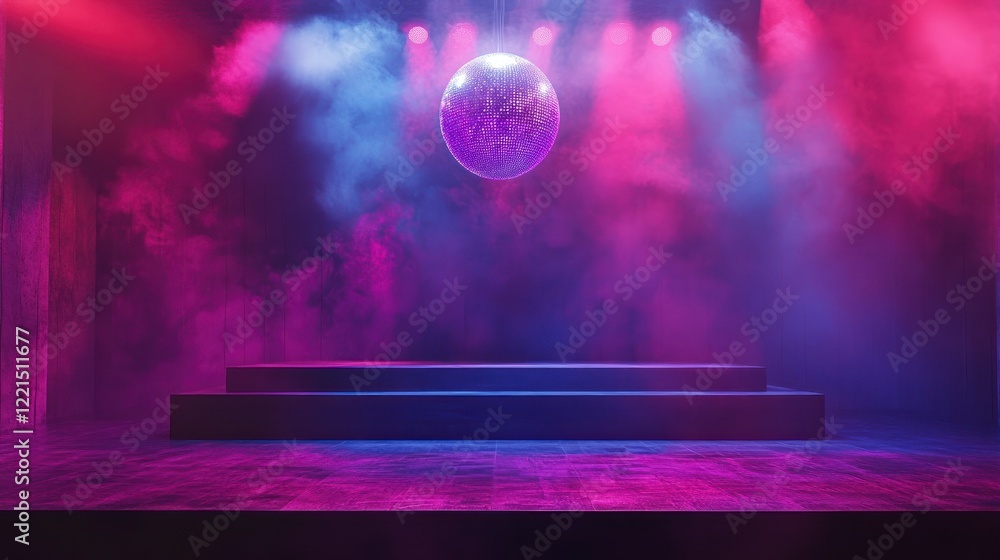 Poster a mock up features an empty stage illuminated by colorful lights and smoke highlighted by a large di
