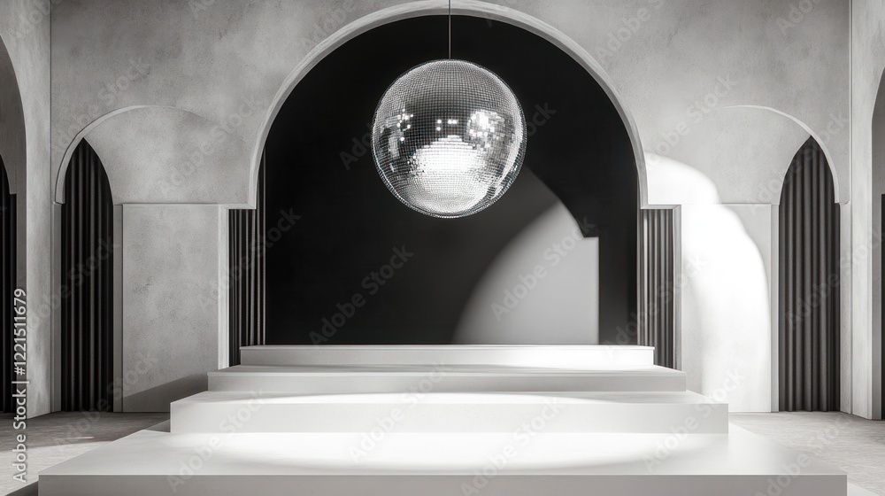Poster empty stage mock up features a prominent disco ball suspended above casting shimmering reflections i