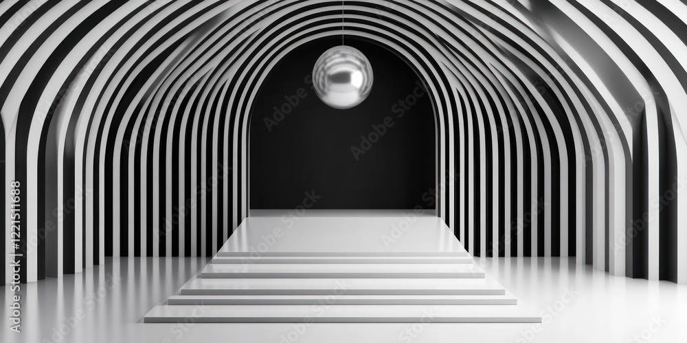 Poster an empty stage mock up showcases a large disco ball hanging overhead in a minimalist environment. th