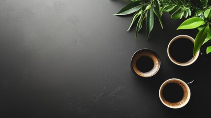 Minimalist Coffee Cups with Greenery on Black Surface