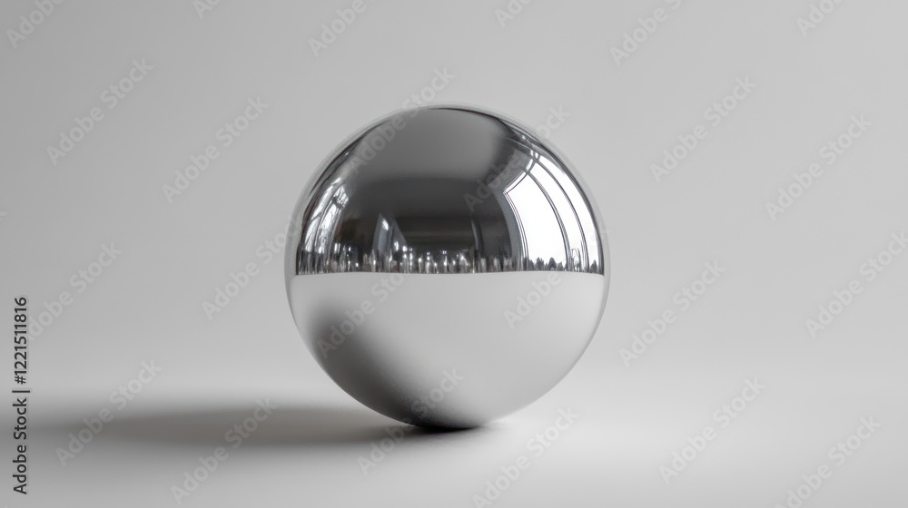 Poster a shiny reflective ball rests on a smooth surface creating striking reflections. the neutral backgro
