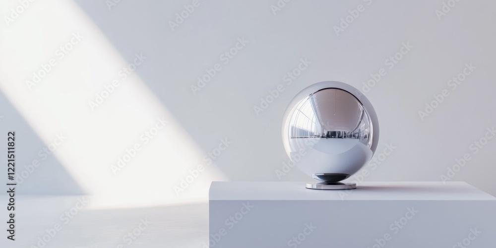 Poster a shiny reflective ball sits elegantly on a simple stand illuminated by soft light streaming in from
