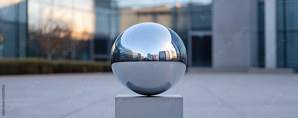 Poster a polished reflective ball rests on a sturdy stand showcasing the buildings and clear sky around it.