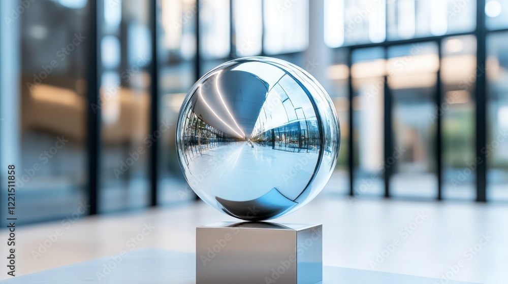 Poster A shiny reflective ball stands prominently on a sleek pedestal showcasing its polished surface and creating intricate reflections in a bright airy environment with ample copy space