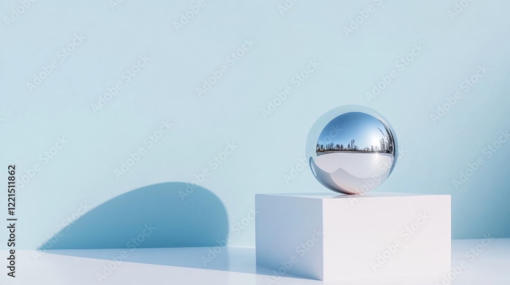 Poster a shiny reflective ball is elegantly placed on a white stand against a clear blue background. the ba