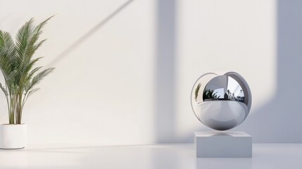 A shiny reflective ball sits elegantly on a stand creating an artistic focal point next to a lush potted plant. The bright room features soft shadows enhancing the tranquil ambiance