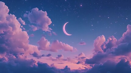 Moonlit sky with pink clouds at night