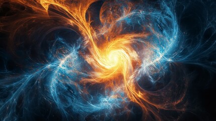 An ethereal cosmic display shows an ablaze spiral interwoven with icy tendrils, creating a dazzling spectacle of contrast and unity among celestial elements.
