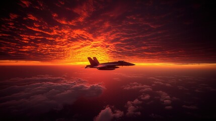 Fiery Sunset Flight: Super Hornet Silhouette at Dusk