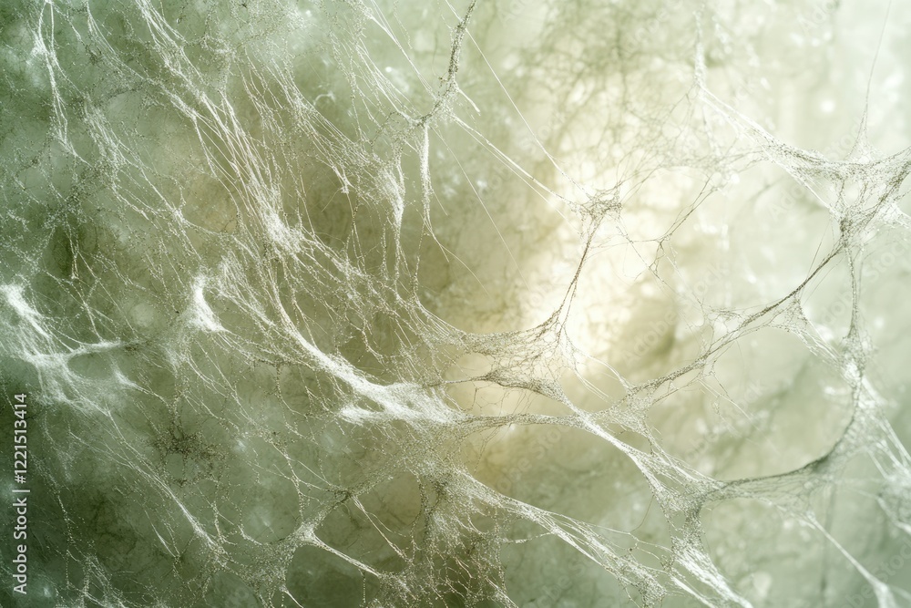 Poster intricate web of delicate threads, possibly spider silk or fungal mycelium, creating a textured, eth