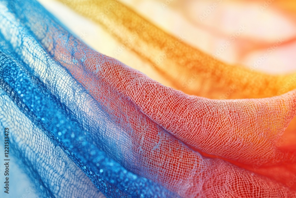 Poster abstract close-up of vibrant blue, orange and red fabric with a net-like texture.