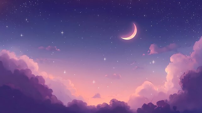 Night sky, crescent moon, pink clouds, stars, scenic view