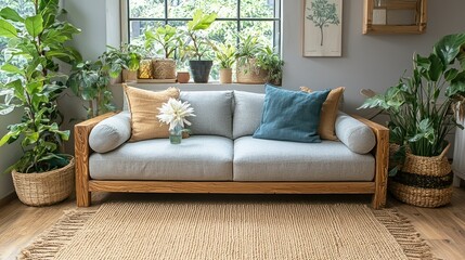 Fototapeta premium Serene Living Room with Wooden Sofa and Lush Greenery
