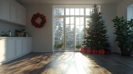 Christmas Morning in a Modern Kitchen: Sunlight Streams Through Large Windows, Illuminating a Decorated Christmas Tree and Festive Wreath, Creating a Warm and Inviting Atmosphere.