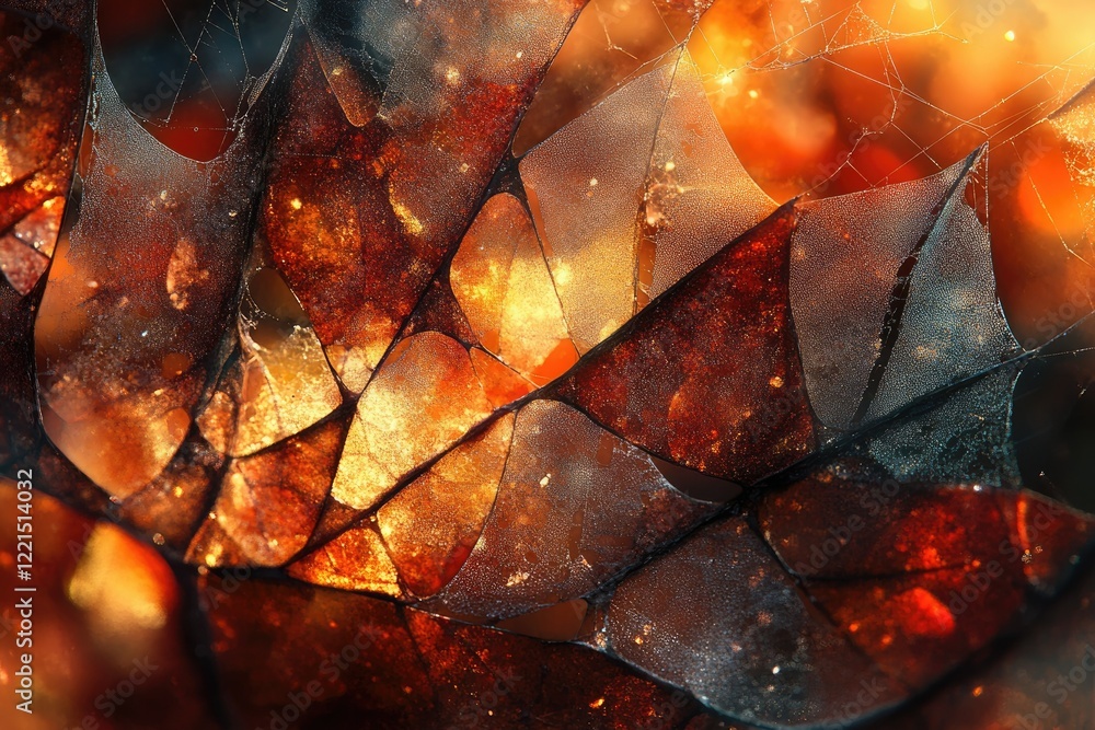 Poster intricate spiderweb, adorned with autumn leaves, glows with warm light, creating a mesmerizing and c